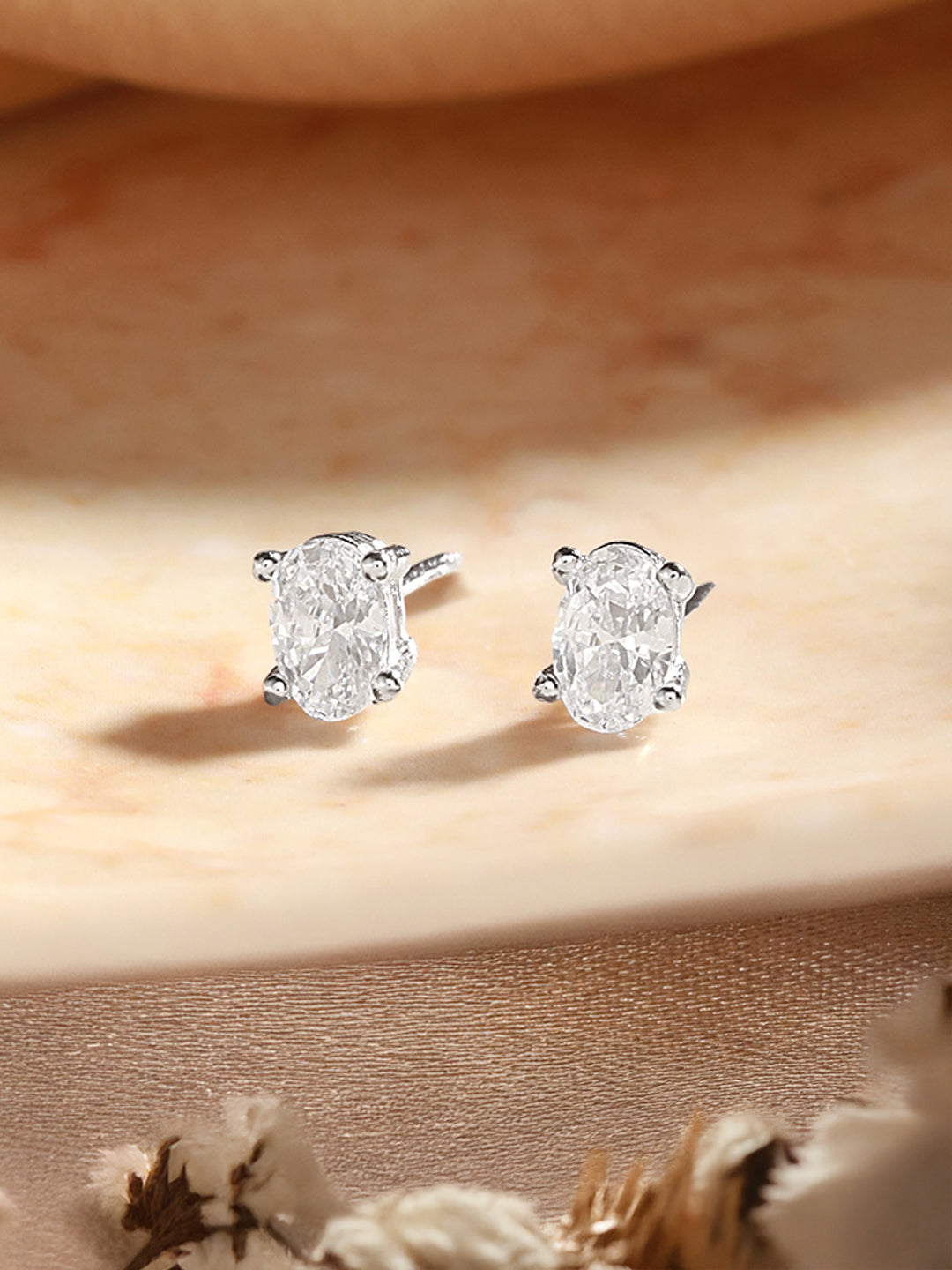 925 Sterling Silver 8 mm  Zircon Studded Oval Solitaire Dailywear Studds Earrings